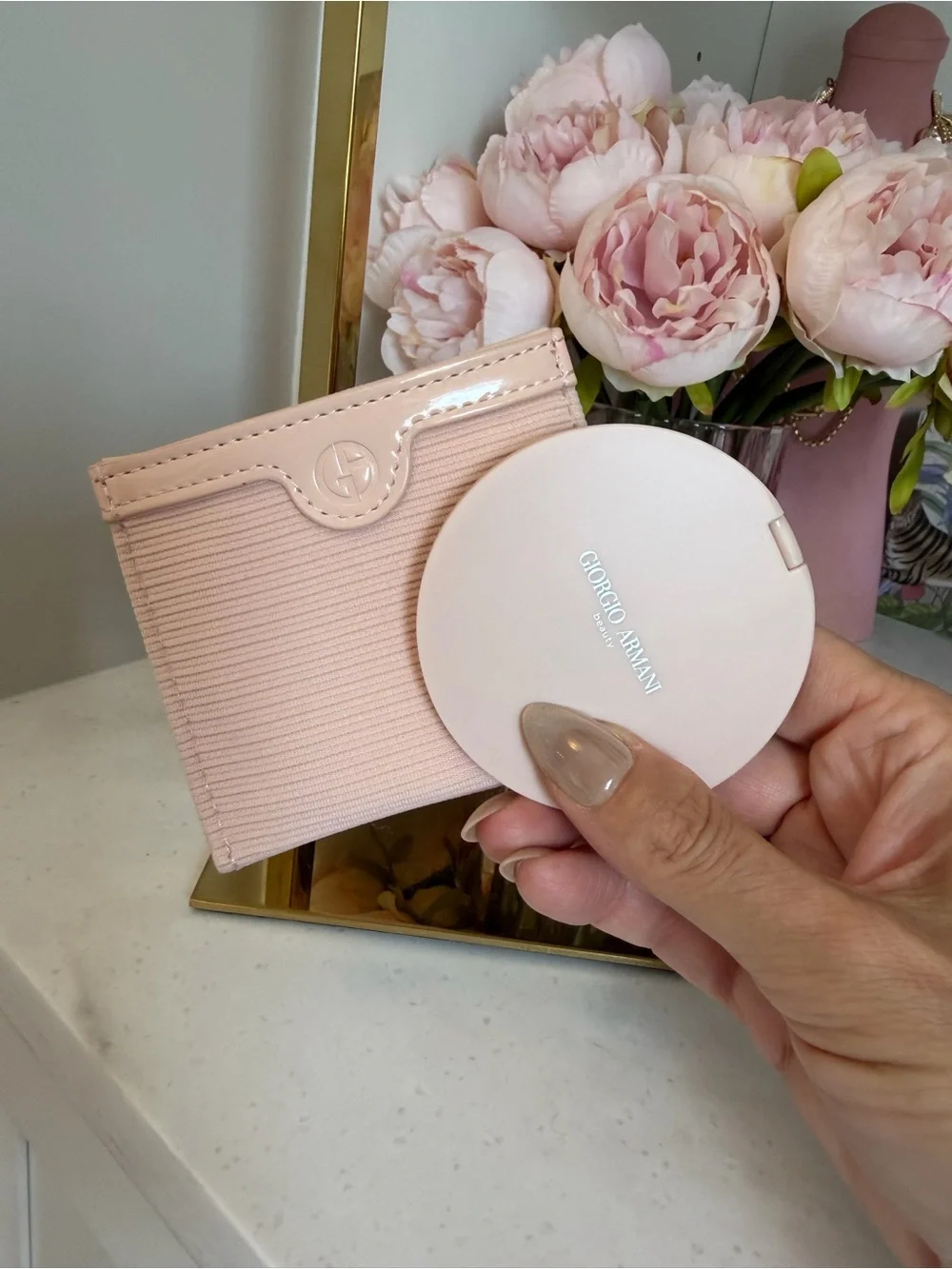Blush Pink made for Armani GWP double mirror compact and carry case